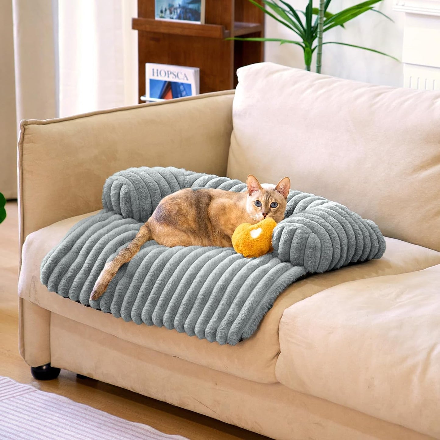 FUNNY FUZZY Pet Couch Cover for Sofa, Calming Dog Bed for Couch, Fluffy Plush Cat Bed Mat for Furniture Protector for Small Dogs and Kitten, 27×24 in, Mist Grey