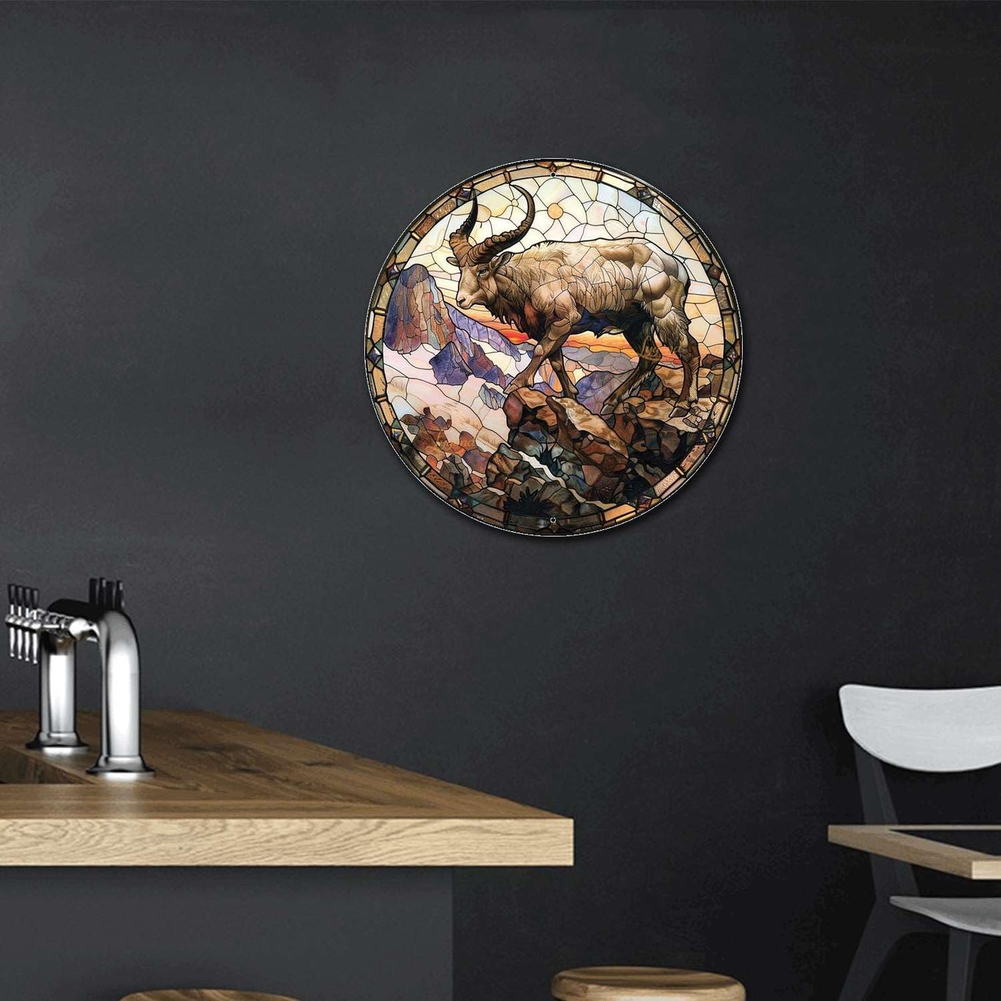 Lygond Metal Sign Tin Sign Circular Stained Glass Mountain Goat Tin Sign Gift for Garage 12×12 Inches