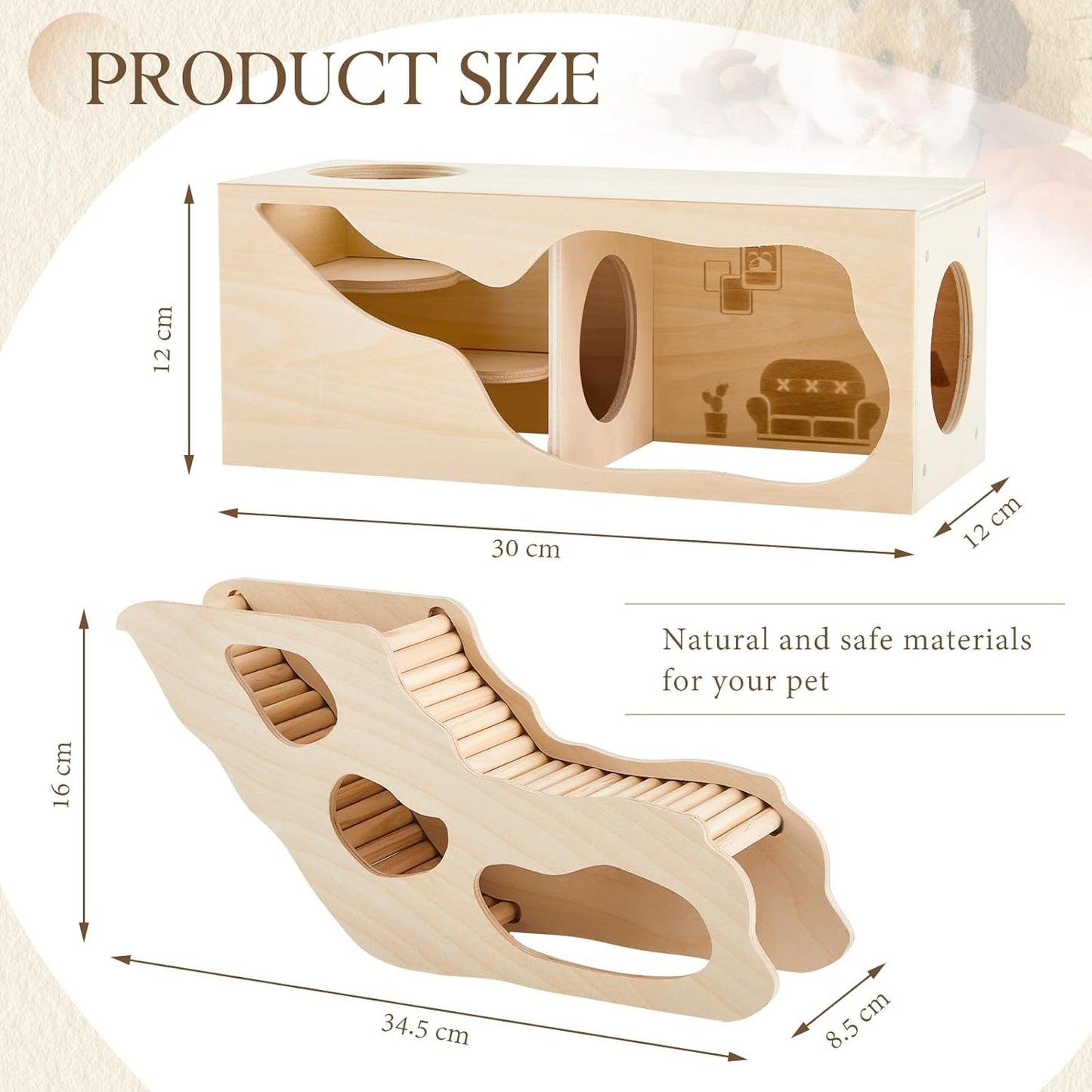 2 Pcs Hamster Houses and Hideouts Hamster Tunnel Set Wood House for Hamster with Climbing Ladder Exploring Tunnel Multi Chamber Maze for Small Animals Pets Gerbils Hedgehogs Rats Mice