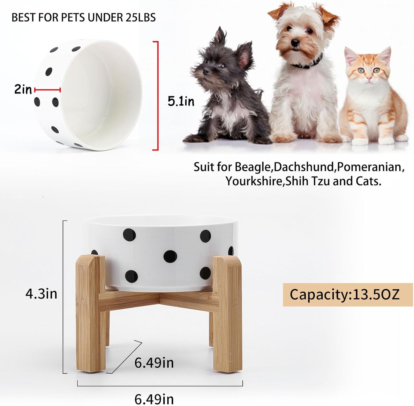 Petygooing Elevated/Raised Ceramic Dog Bowl for Small Breeds, Dog Food Water Dish with Stand,Pet Feeding Bowl with Anti Slip Rubber for Cats and Small Dogs Puppy 13.5 OZ (5.1In / 1.7 Cups) Black Dot