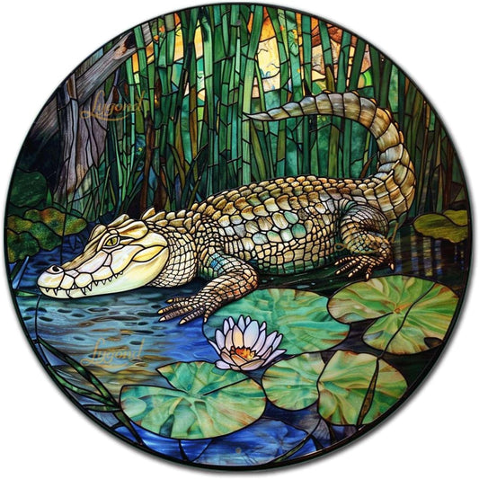 Lygond Metal Sign Tin Sign Circular Stained Glass Crocodile Tin Sign Gift for Garden 8×8 Inches