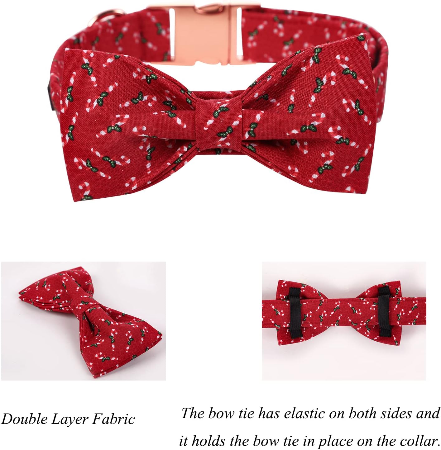 Lionet Paws Dog Collar with Bowtie, Medium, Candy Cane, Cotton, Detachable Bowtie, Unique Stylish Patterns, For Dogs, Adult, Medium Breed