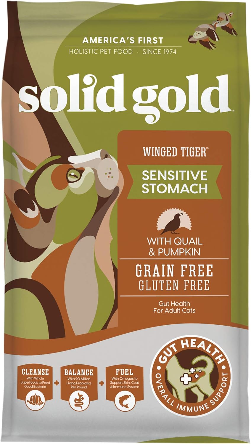 Solid Gold Sensitive Stomach Dry Cat Food - Grain Free & Gluten Free Sensitive Stomach Cat Food for Indoor Adult & Senior Cats - Dry Kibble for Cats w/Quail, Pumpkin & Probiotics for Gut Health - 3lb