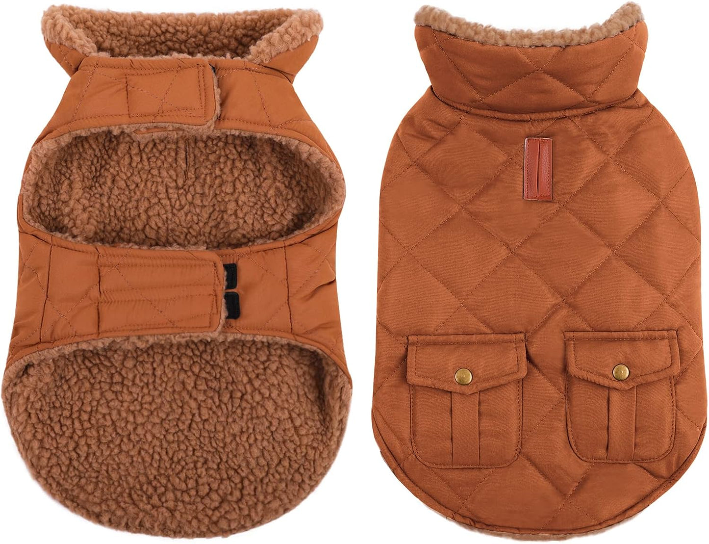 Queenmore Warm Dog Coat, Cold Weather Puffer Dog Jacket with Ultra Thick Plush Lining and Storage Pockets (Brown, Medium)