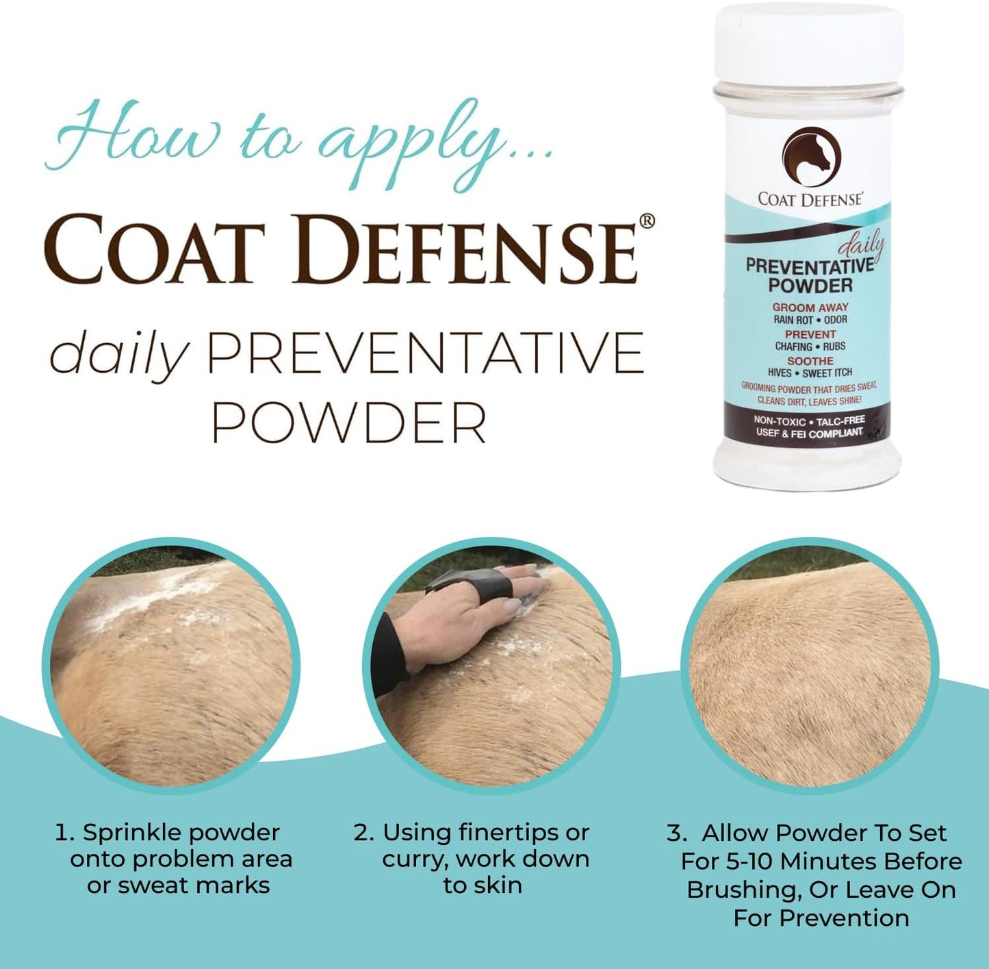 Coat Defense Daily Preventative Powder for Horses - Safe & Effective Equine Sweet Itch, Skin Funk, Scratches, & Rain Rot Treatment - Dry Shampoo for Horses, 8 oz Formula with All Natural Ingredients