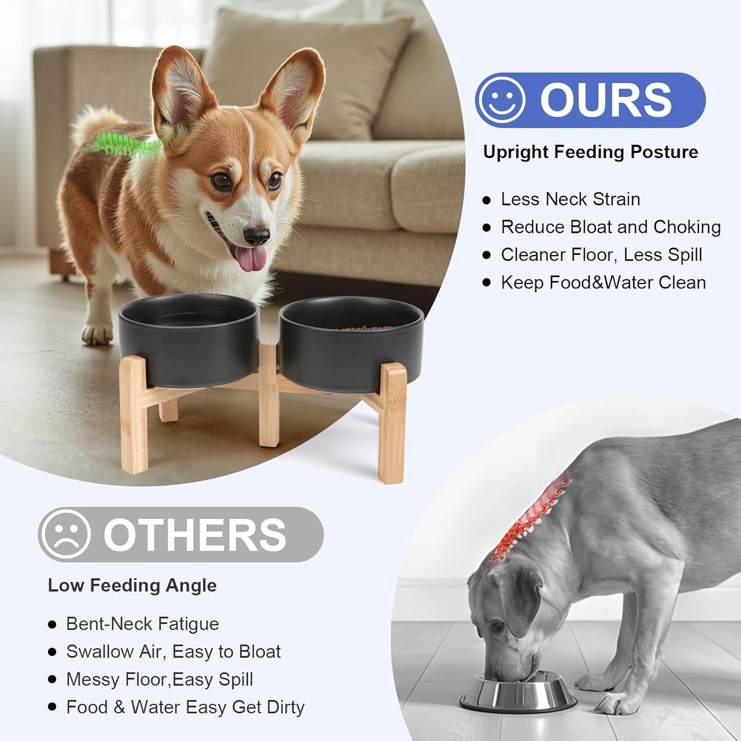 SPUNKYJUNKY Elevated Dog Bowls Ceramic, 6.1'' Dogs and Cat Food Water Bowls Raised with Non-Slip Bamboo Stand for Medium Sized Breed Microwave Dishwasher Safe - 28.7 OZ,Black