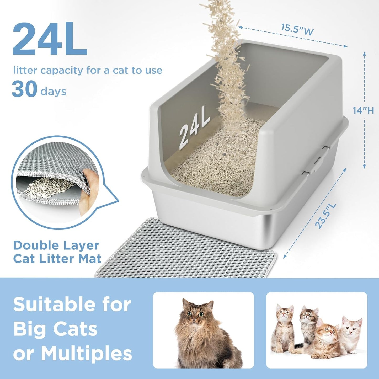 LIHONG Stainless Steel Cat Litter Box, XL Metal with Lid, Cat Litter Pan for Large Cats, Non-Sticky Large Kitty Litter Box, Anti-Leakage, 23.5" X 15.5" X 14" XXL