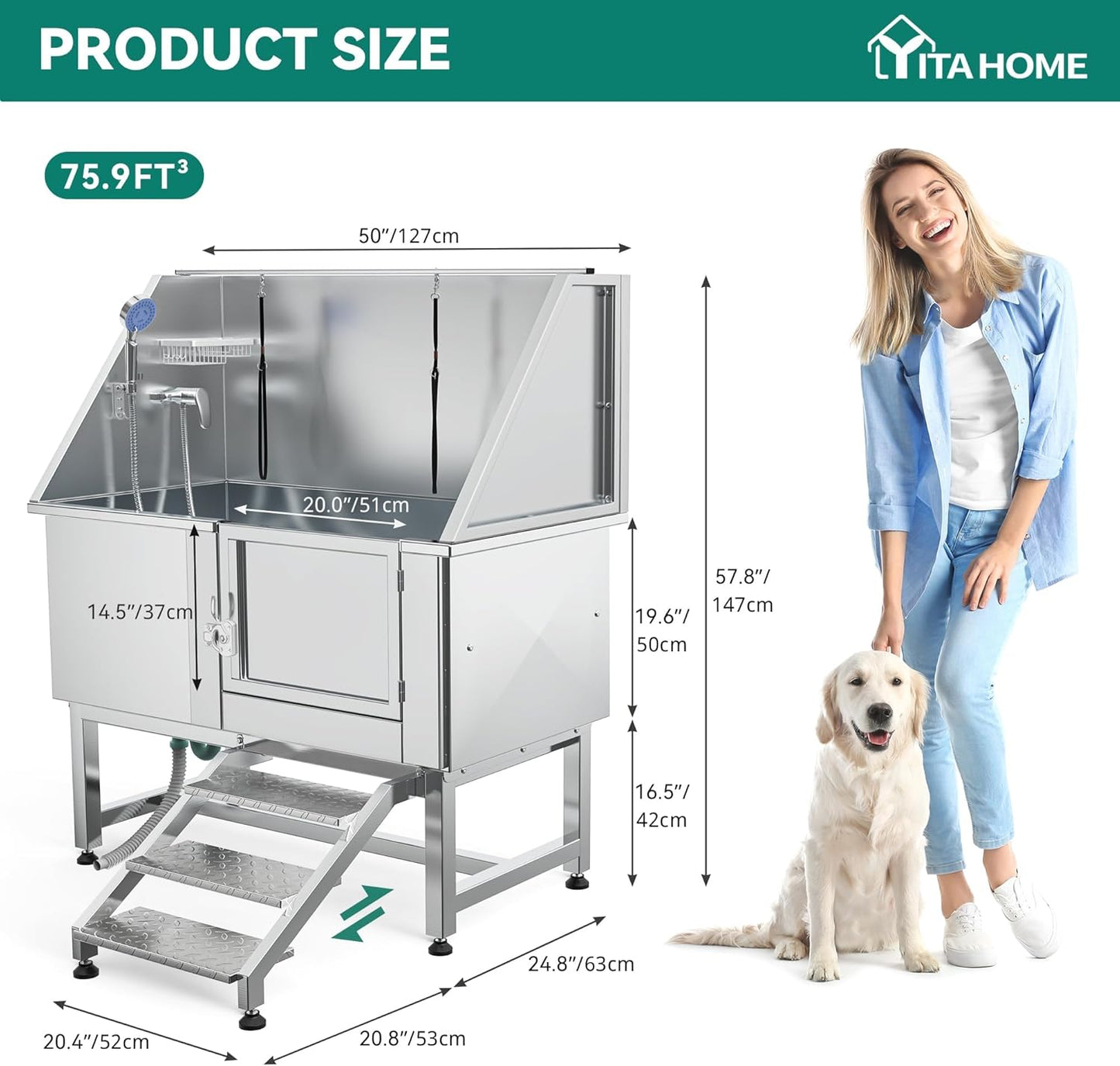 YITAHOME Professional Dog Bathtub 50in, Stainless Steel 304 Pet Grooming Station with Right Door & Floor Grate, Ideal for Large to Small Pets, Indoor & Outdoor Use