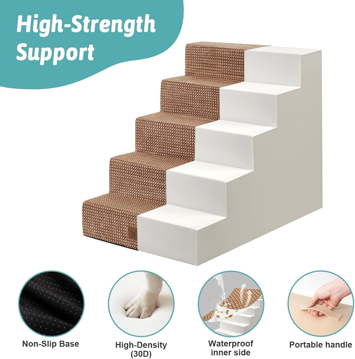 Dog Stairs for Small Dogs, 5 Tier Wider Pet Stairs for High Beds, 23.6" H Non-Slip Dog Steps for Old Cats, Puppies, Small Medium Dogs, 29.5x19.7x23.6 inch, Light Brown