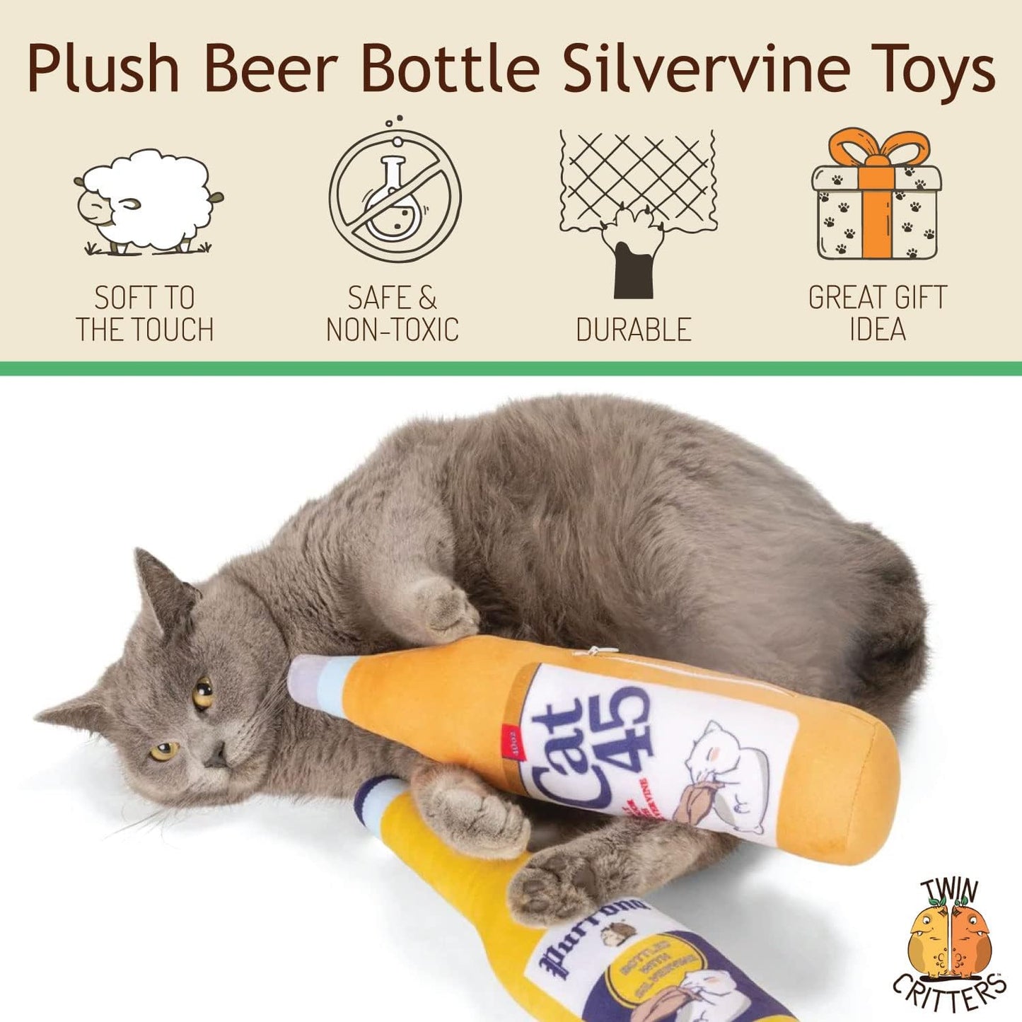 KittiForti 2-Pack Organic Silvervine Catnip Substitute Toys for Cats & Kittens | 100% All-Natural Wild Harvested Silvervine | 2 Refillable Beer Bottle Kicker Cat Toys