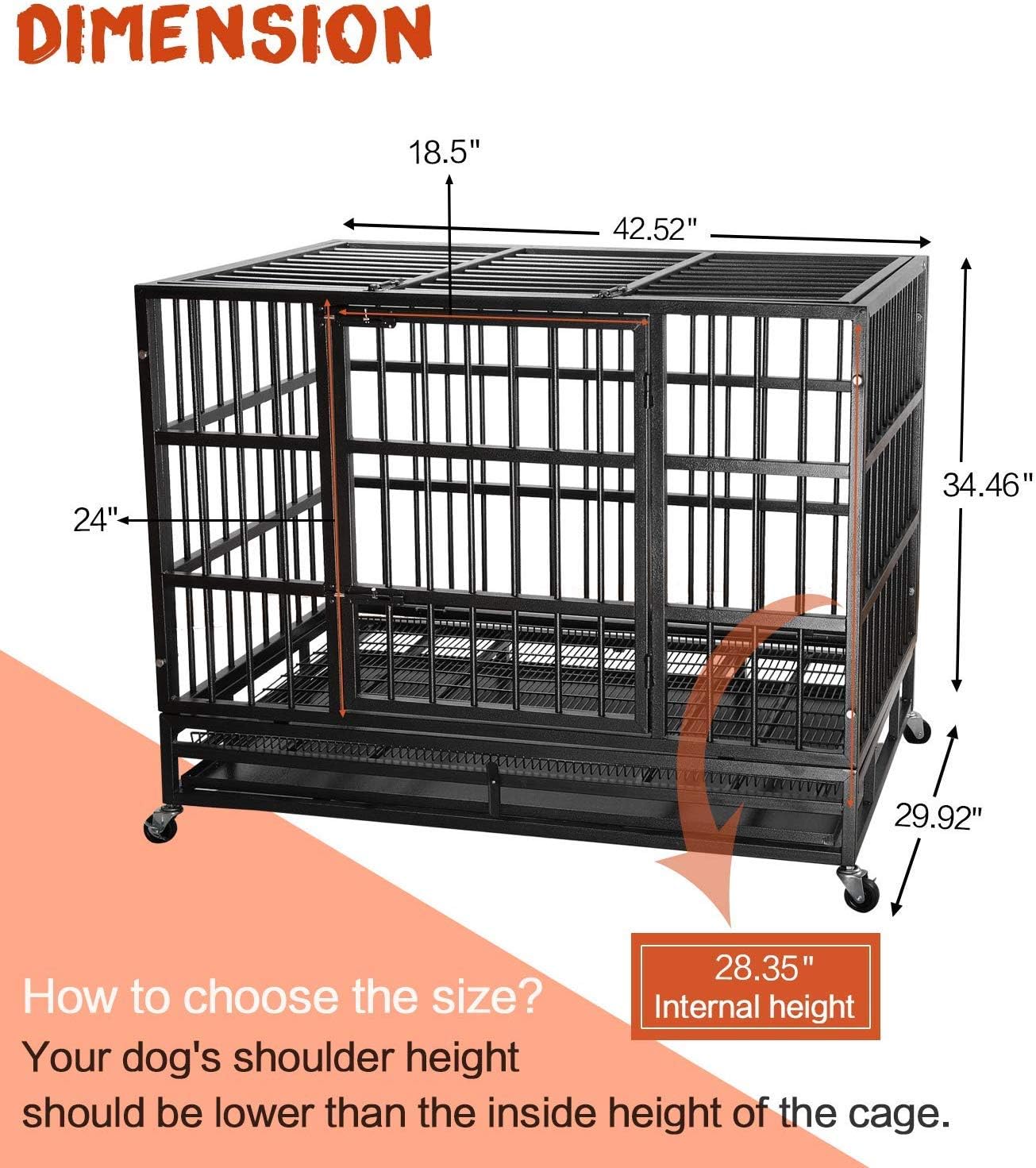 LEMBERI 42 inch Heavy Duty Indestructible Dog Crate, Escape Proof Dog Cage Kennel with Lockable Wheels,High Anxiety Double Door Dog Crate,Extra Large Crate Indoor for Large Dog with Removable Tray