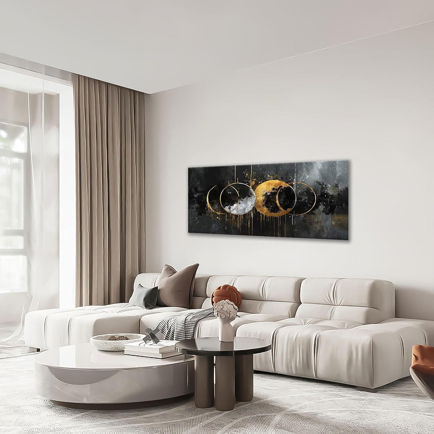 Quorin Abstract Sun Moon Large Wall Art Black and Gold Circle Pictures Sun and Moon Wall Decor Canvas Print Painting Artwork for Bathroom Living Room Bedroom 30"x60"