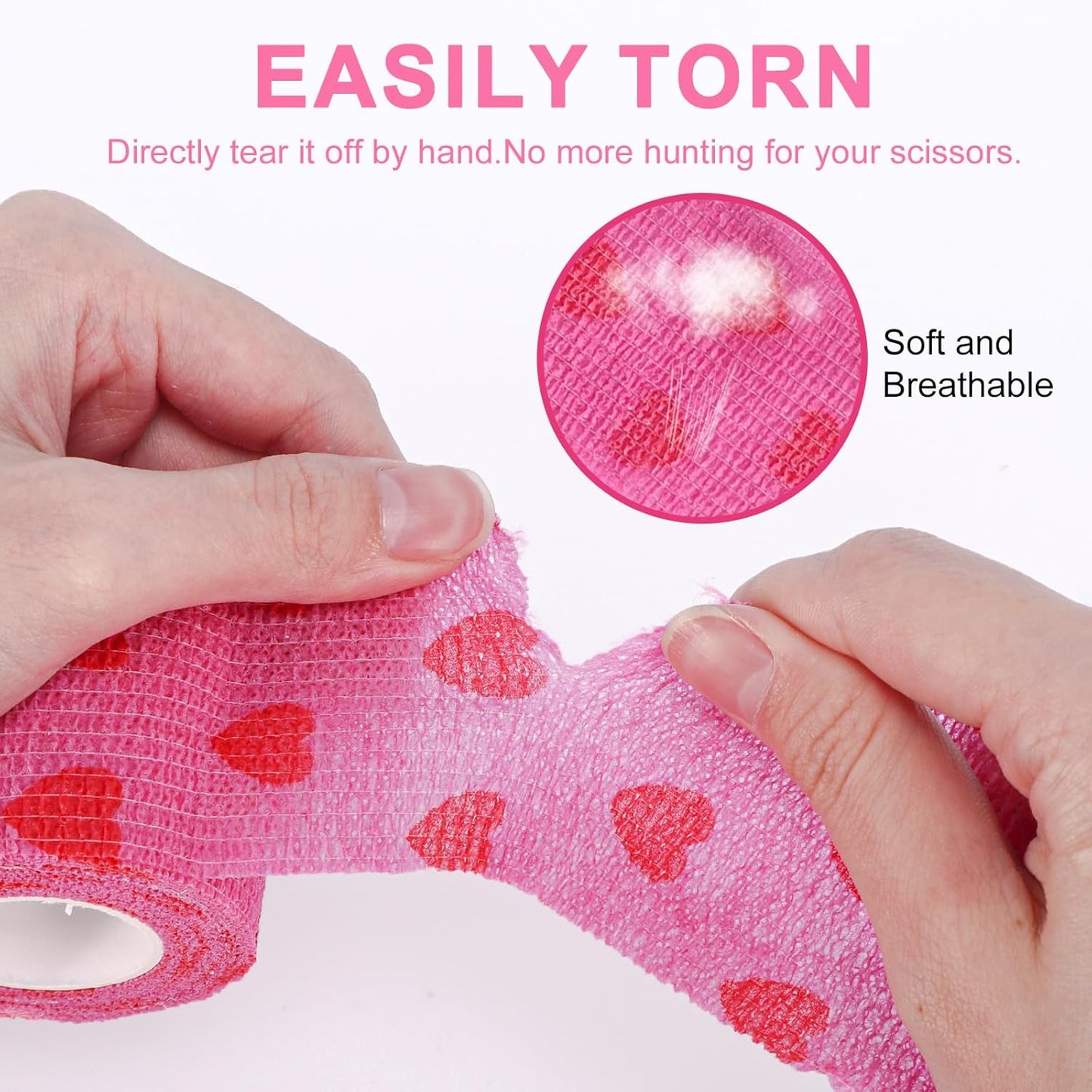 24 Pack Self Adhesive Vet Wrap & Medical Tape, 2 Inch x 5 Yards Cohesive Bandage Wrap - Pink Heart Grip Tape for Ankle, Wrist Sprains, Sports, Pet First Aid