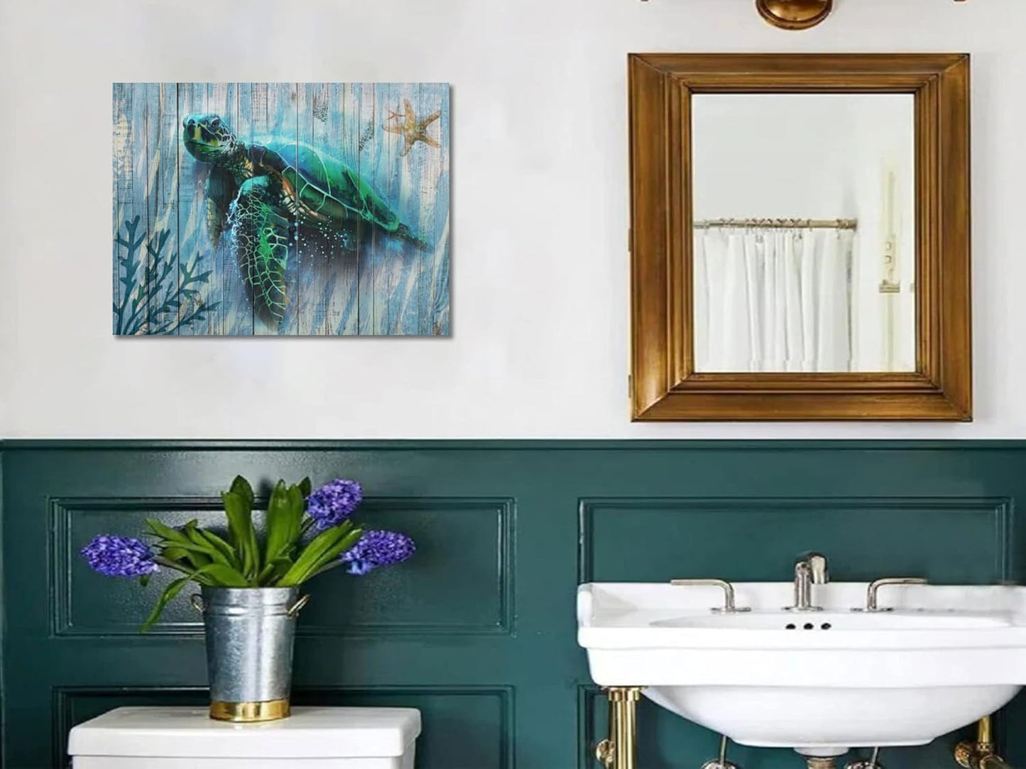 Arjun Bathroom Decor Blue Wall Art Canvas Green Sea Turtle Teal Submarine Picture, Blue Modern Landscape Painting Framed for Living Room Bedroom Home Office Wall Decor, 16"x12"