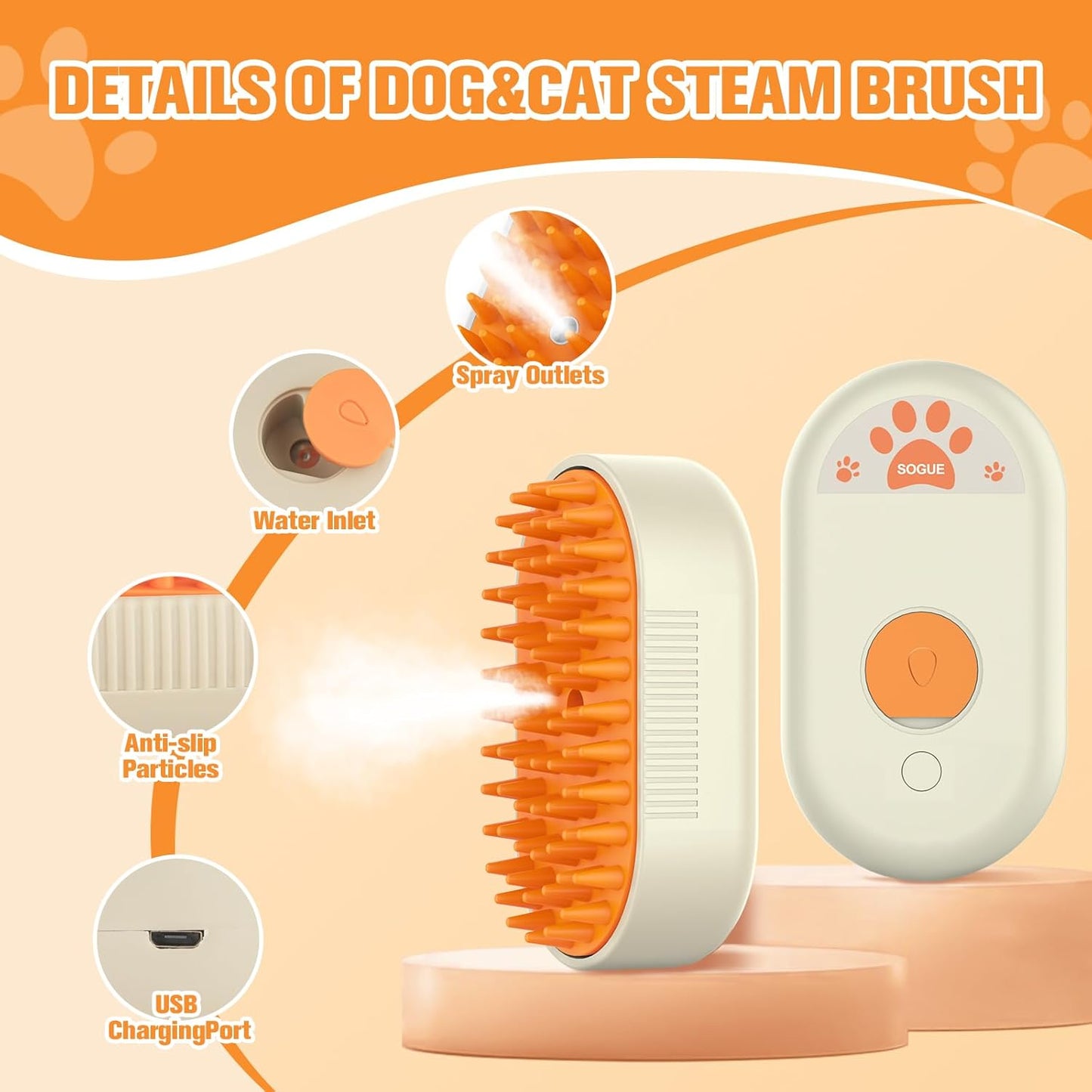 Steam Brush for Cats Dogs,Cat Steam Brushes for indoor Cats,3 in 1 Steam Cat Brush for Shedding,Silicone Pet Spray Hair Removal Comb for Massage,Combing,Rechargeable Dog Brushes for GroomingYellow