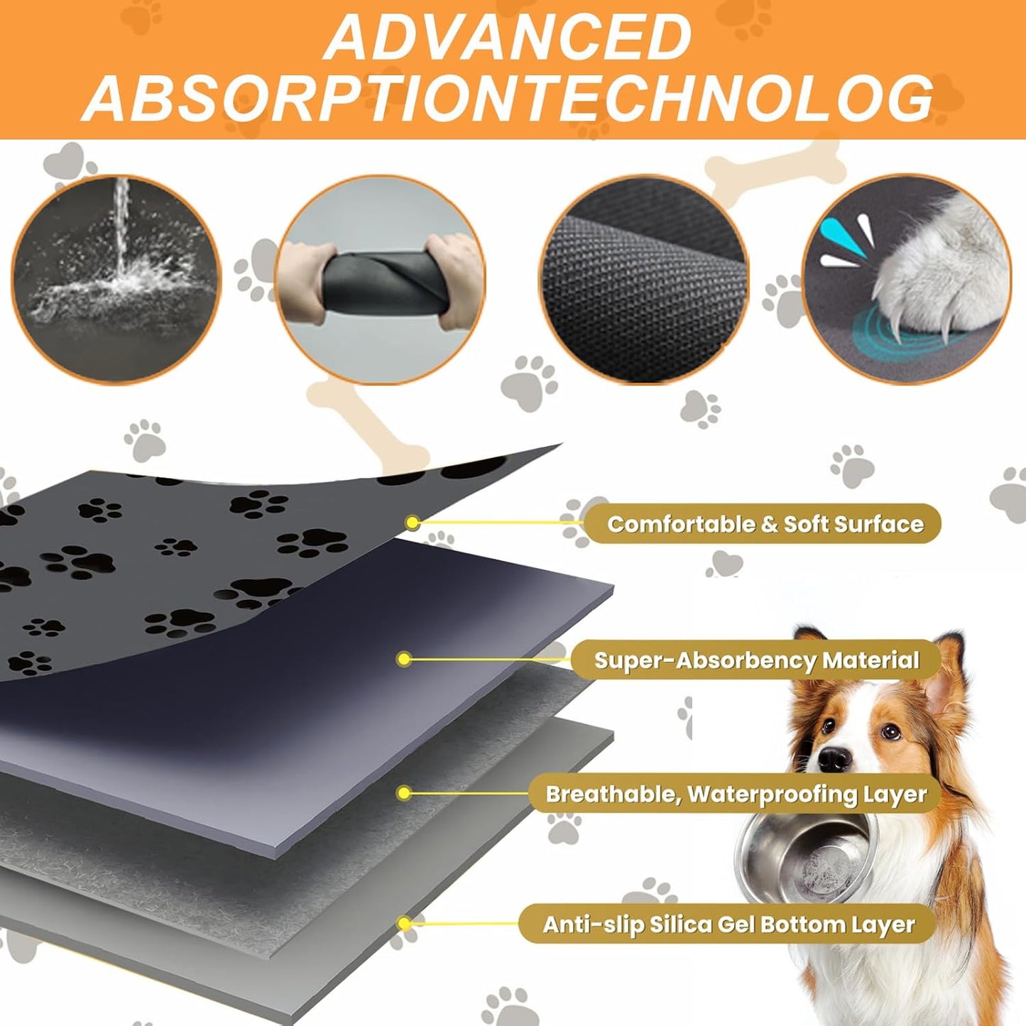 Dog Food Mat for Food and Water, Absorbent Pet Feeding Non-Slip Backing Cat Dog Bowl Mat No Stains Quick Dry Placemat with Footprints for Messy Brown,20"×12"