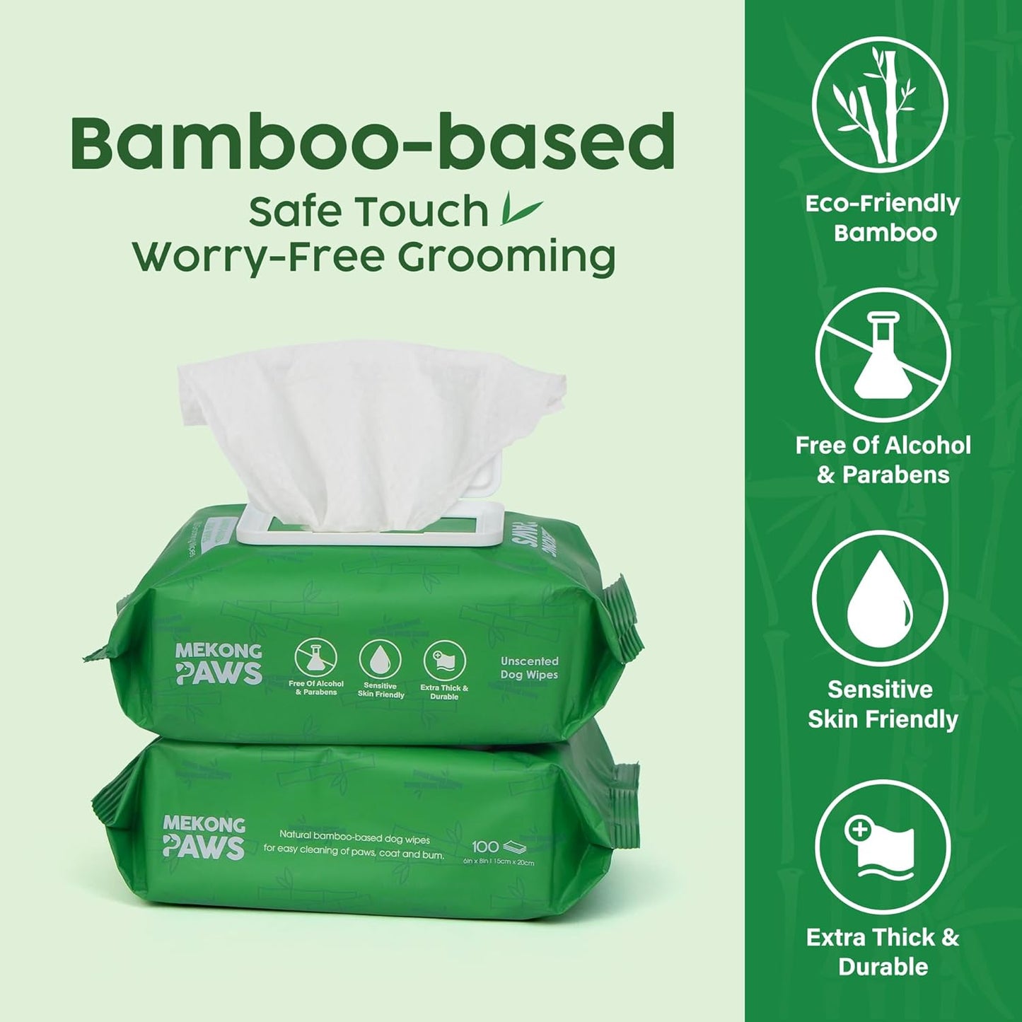 Pet Grooming Wipes - Unscented - Natural & Organic Bamboo Base - Freshening Wipes for Dog & Cat - Skin-Friendly & Gentle - Thick & Durable for Paws, Coat & Bum Cleansing - 400 Count