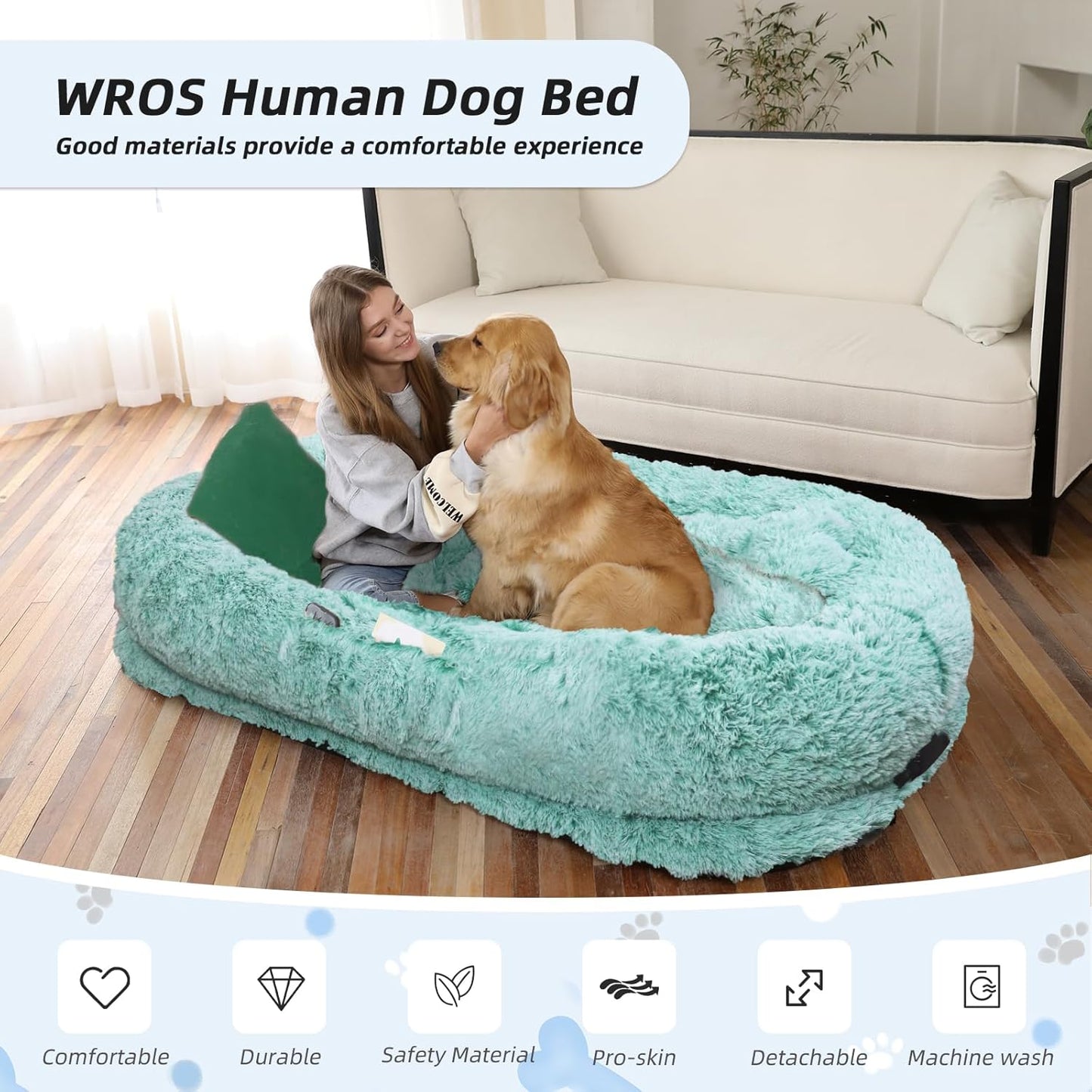 Human Dog Bed, 71''x45''x12'' Size Fits You and Pets, Washable Faux Fur Pet Bed for People Doze Off, Napping Orthopedic Dog Bed, Present Plump Pillow, Blanket, Strap - GreenWhite