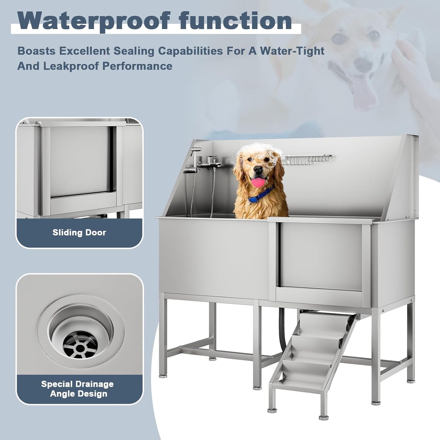 50" Pet Dog Bathing Station, Stainless Steel Dog Bathtub W/Ramp, Floor Grate, Dog Bath Brush, Washing Gloves for Home, Professional Dog Washing Station for Pets (50 Inch Right Door)