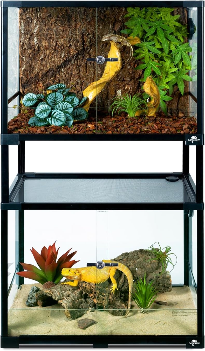 Double Stacked Reptile Tank, 24" x 18" x 44" Tall Reptiles Terrarium, Front Opening, Full Vision, Knock Down, 2 Pack 34 Gallon Glass Cage for Reptile, Bearded Dragon, Lizard, Snake, Gecko