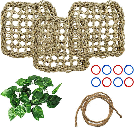 BNOSDM Bird Seagrass Mat, 3 PCS 7.1 x 7.1 Inches Parrot Natural Seagrass Woven Bird Net Hammock Mat, Parakeet Climbing Rope Ladder Chew Toys Hut Hideout for Lovebird Cockatiel Conure Budgie