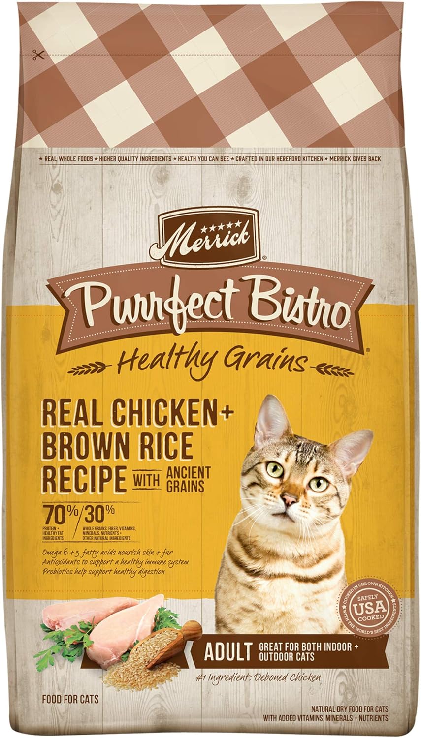 Merrick Purrfect Bistro Premium Healthy Grains Dry Cat Food For Adult Cats, Real Chicken And Brown Rice Recipe - 4.0 lb. Bag
