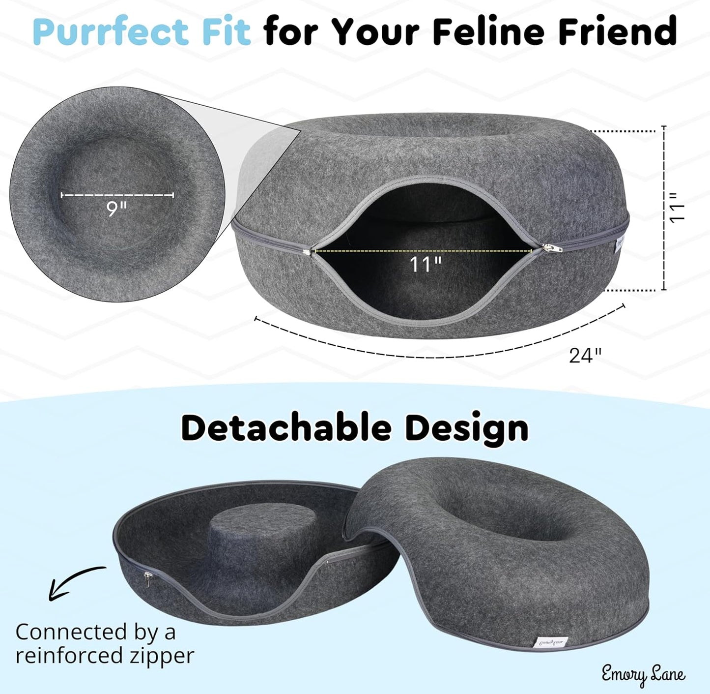 Emory Lane - Premium Cat Cave, Multifunctional Donut Tunnel Bed, Round Felt Cave with Zipper, for Pets up to 40 Lbs (24x24x11 Inch) (Dark Gray)