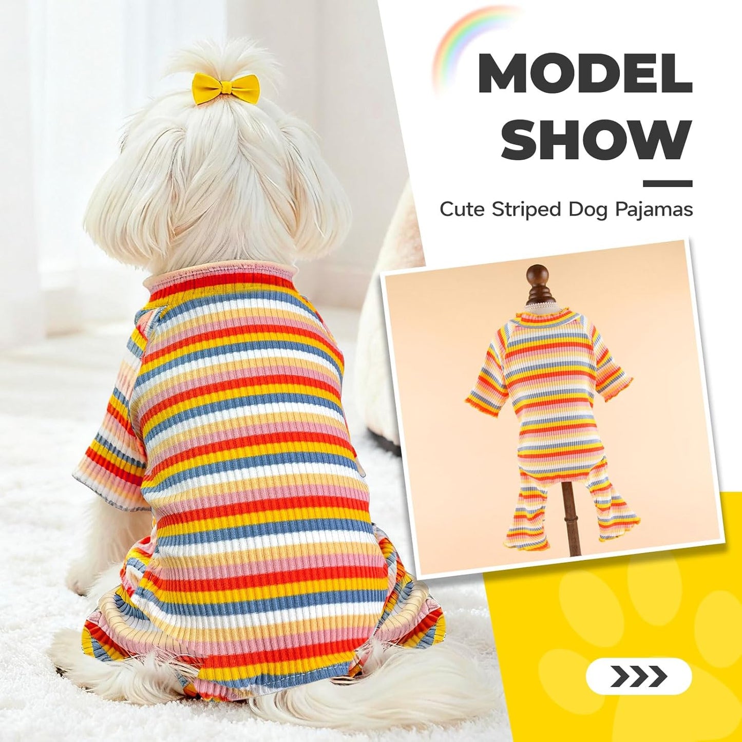 BAEJMJK Striped Dog Pajamas Stretchy Cute Four-Legged Boy Girl Dog Clothes with Sleeves Comfortable Dogs Jumpsuit Colorful Pet Puppy Outfits Apparel for Small Medium Dogs Cats(Yellow,Medium)