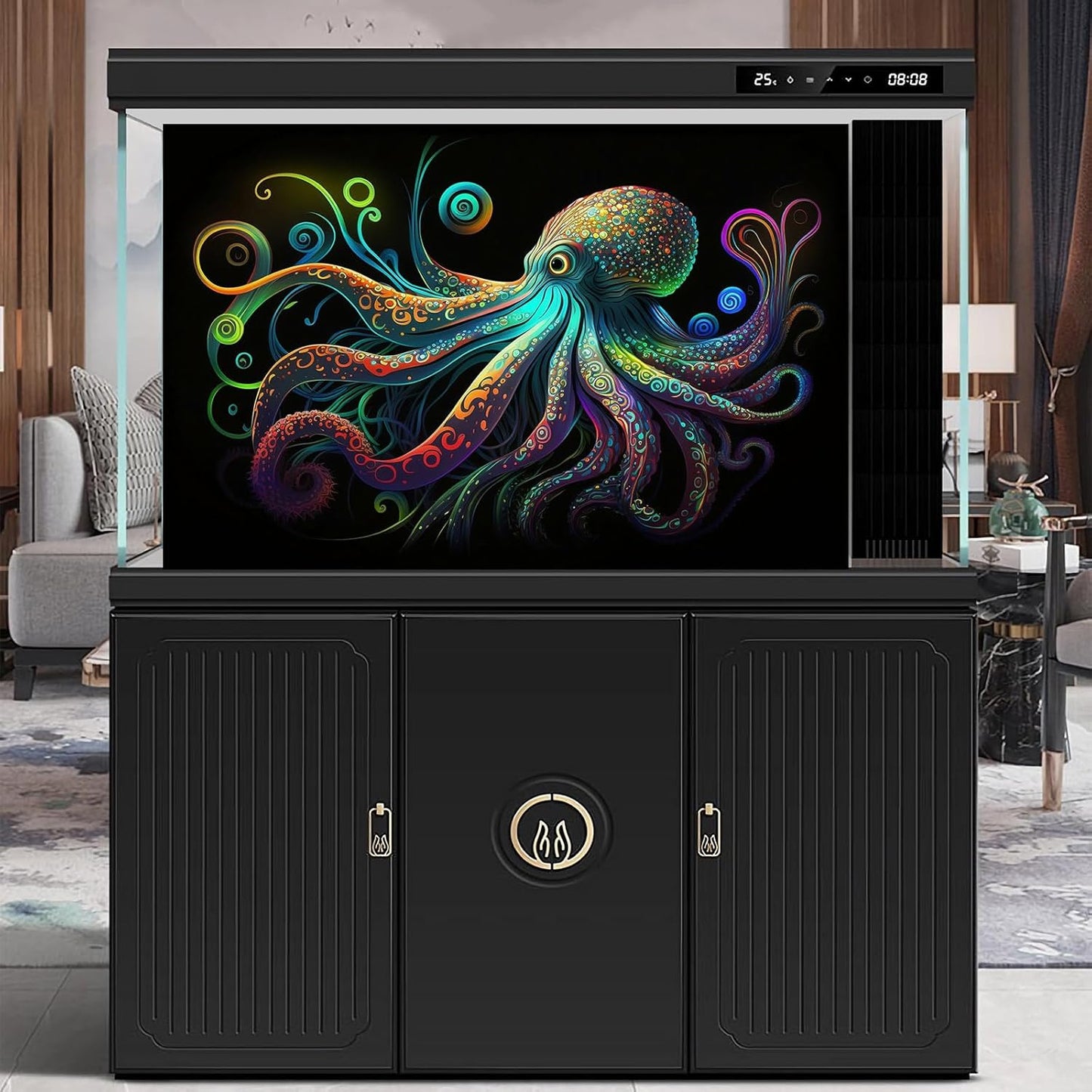 Octopus Aquarium Background Exquisite Colorful Octopus Terrarium Background Glowing Octopus on Black Background Fish Tank Backdrop Octopus Backdrops Poster Wallpaper Decorations Vinyl 48x24in