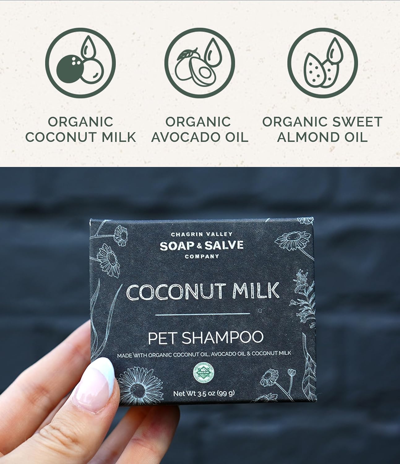 Chagrin Valley Soap & Salve Certified Organic Dog Shampoo and Conditioner – Dog Shampoo Itchy Skin Relief and Puppy Essentials - Natural Handmade Coconut Milk, 3.8 oz Bar