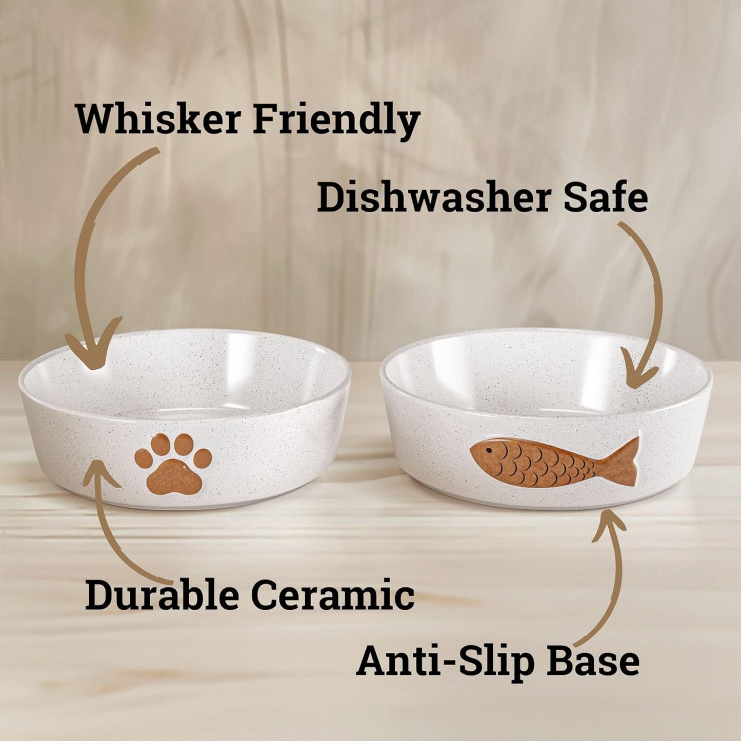 Ceramic Cat Bowls Whisker Friendly - Ceramic Cat Bowl Set of 2 Cute Designs with Anti-Slip Bases - Dishwasher & Microwave Safe Food and Water Bowls for Cats - Dishes for Cats - Kitten Food Bowl Set