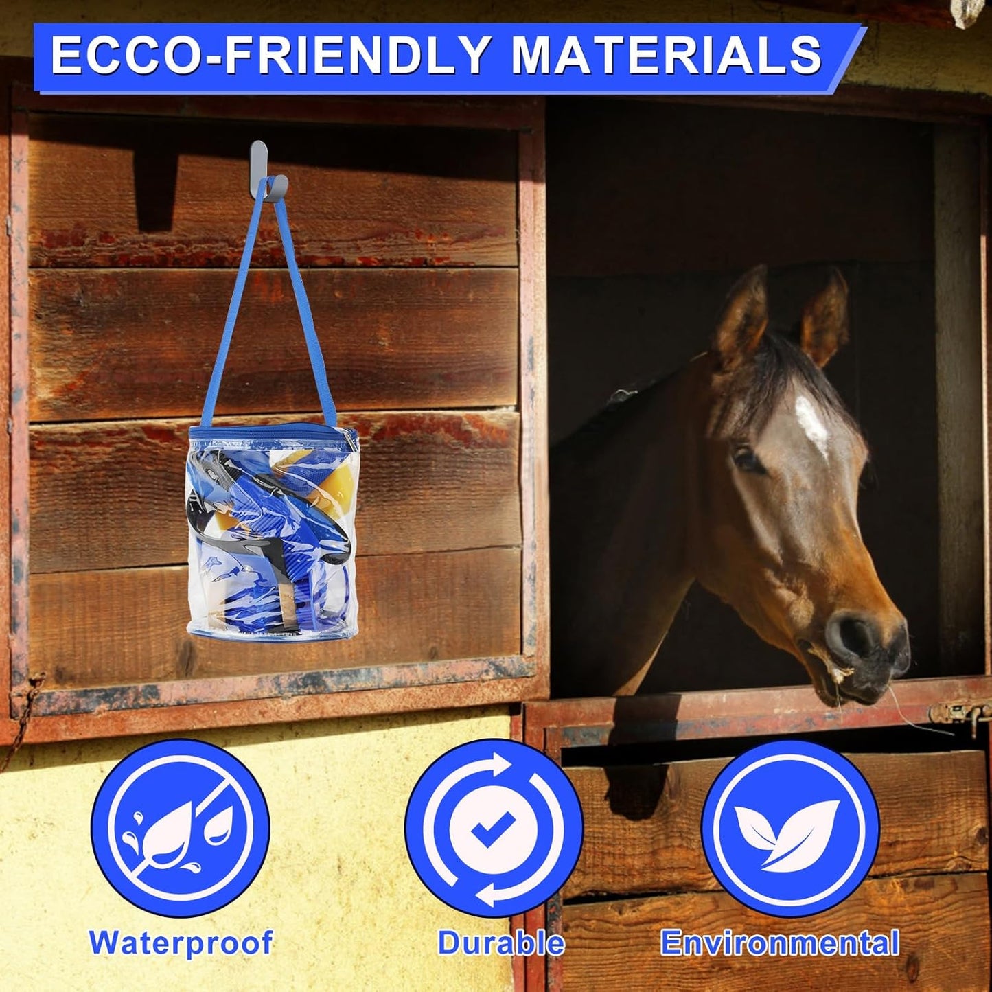 9 Pieces Grooming Kit with Tote Bag - Horse Brush Set, Sweat Scraper, Sponge, Hoof Pick, Curry Comb for Riders and Beginners (Blue)