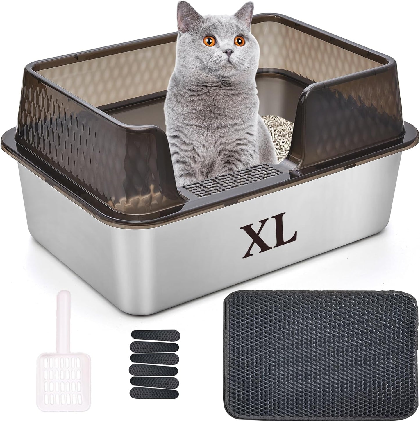 Suhaco Stainless Steel Litter Box Side Entry, Kitty Litter Mat and White Scoop Included Covered Metal High Sided Extra Large Cat Litter Box with Lid Removable Enclosure for Medium Cats (Tall Black)