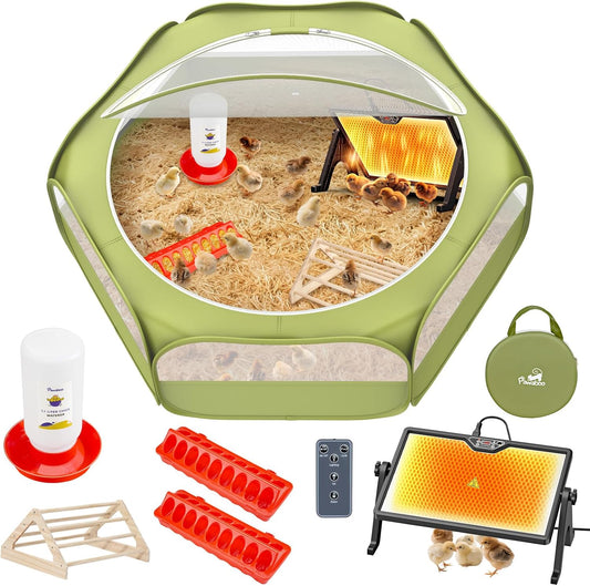 Pawaboo 6-in-1 Chicken Brooder Box for Chick Starter Kit, Includes Pet Cage Tent, Brooders Heating Plate, Chicks Perch, Feeder and 1.1L Chick Waterer, Baby Chicks Supplies (Brooder Set)