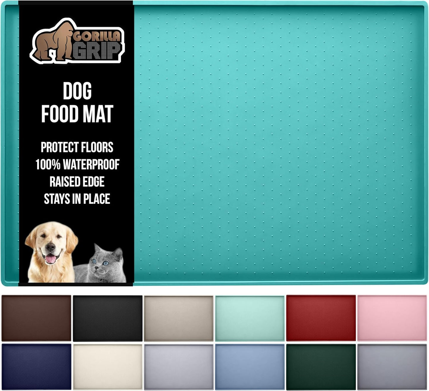 GORILLA GRIP 100% Waterproof Raised Edge BPA Free Silicone Pet Feeding Mat, Dog Cat Food Mats Contain Spills Protects Floors, Placemats for Cats and Dogs Water Bowl, Pets Accessories 16x10, Turquoise