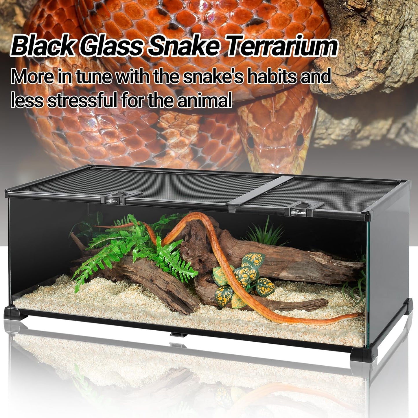 REPTIZOO Reptile Terrarium Tank 30" x 12" x 10", Black-Tinted Glass Snake Tank with Top Feeding Ports Top Screen Ventilation Reptile Habitat for Snake Spider