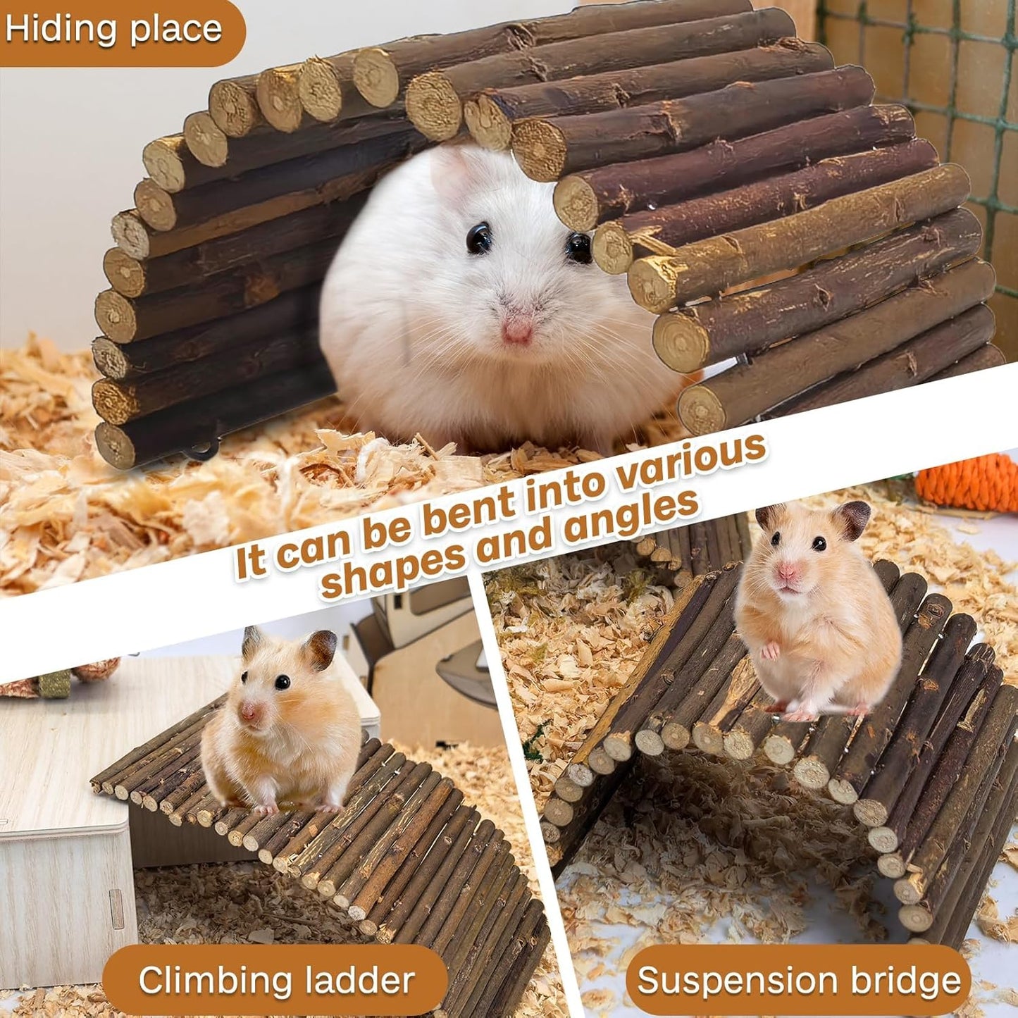 PINVNBY 8 PCS Hamster Wooden Ladder Bridge Tunnel Hide, Hamster Cage Accessories for Chinchillas Guinea Pigs Mouse Rat Ferre, Rodents Natural Hideout for Small Animals