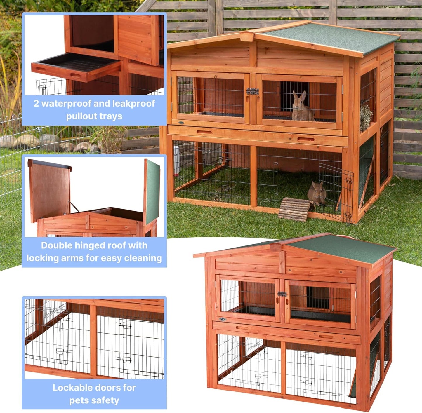 TRIXIE natura Outdoor Deluxe Rabbit Hutch with Run - Large 2-Story Rabbit Cage with Non-Slip Ramp - Elevated Small Animal House with Secure Playpen, Hinged Roof & Two Pull-Out Trays - in Natural