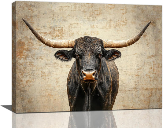 Rustic Highland Cow Pictures Wall Art, Farmhouse Longhorn Bull Bathroom Wall Decor Black Cow Framed Painting Canvas Artwork for Bathroom Bedroom Living Room Decorations 16"L x 12"W
