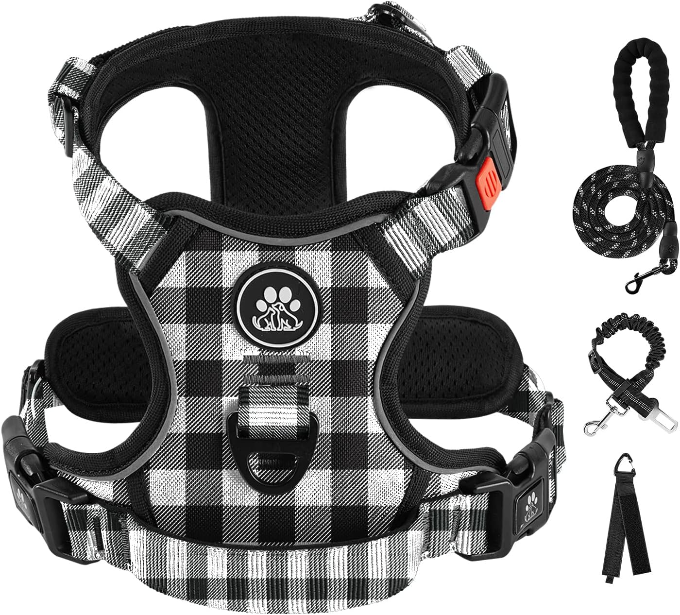 IVY&LANE No Pull Dog Harness with Leash Set, Reflective No Choke Pet Vest,Adjustable Oxford Dog Vest Harness with Easy Control Handle for Large Dogs (Checkered Black,L)