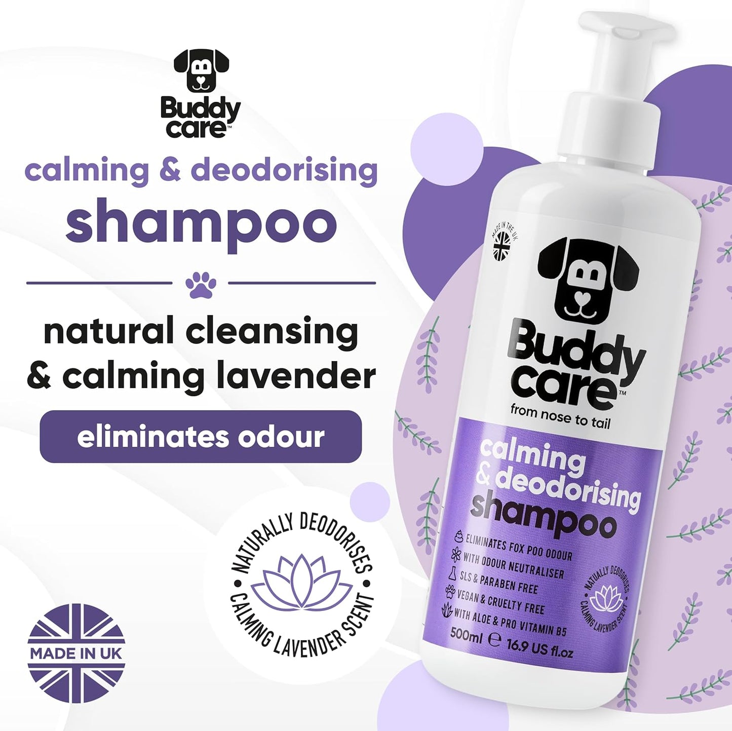 Calming & Deodorising Dog Shampoo by Buddycare | Lavender Scented | Itchy Skin Relief for Smelly Dogs | Deep Cleansing Shampoo for Dogs Puppy Sensitive Skin | with Aloe & Vitamin B5 (16.90oz)