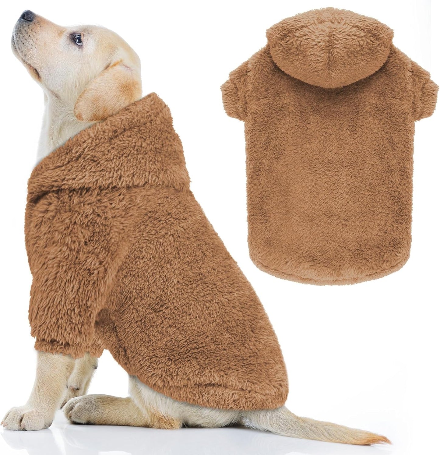 Fuzzy Dog Hoodie Dog Sweaters for Large Dogs Soft Double-Sided Plush Fleece Pet Sweater Pet Clothes Coats Hoodie Sherpa Hooded Sweatshirt(Coffee-L)