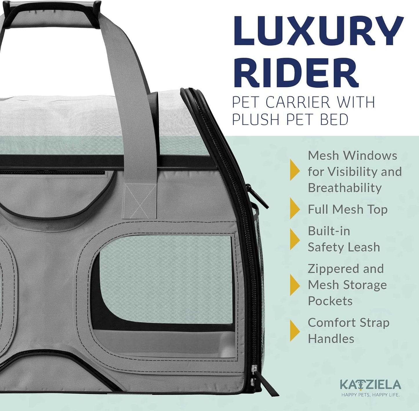 Katziela Pet Carrier - Airline Compliant Dog TSA for Small Dogs and Cats Soft FAA Travel Airplane Luggage (Gray/Black)