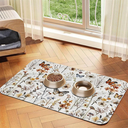 Wildflower Butterfly Dog Food Mat Absorbent Bowl Mats No Stains Quick Dry Waterproof Pet Cat Placemats for Food and Water, 30x45cm