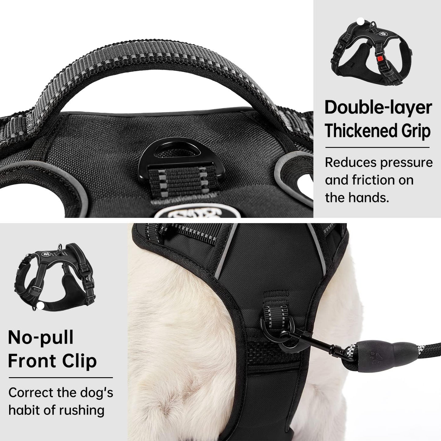 IVY&LANE No Pull Dog Harness for Medium Dogs, Dog Vest Harness with Leash, Safety Belt and Storage Strap, Fully Adjustable Harness, 360° Reflective Strip, Soft Handle (Black, M)