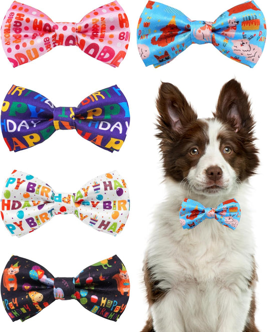 PET SHOW 5 Pack Happy Birthday Big Dog Bow Ties Sliding Collar Attachment Pet Bowties for Medium Large Dogs Party Balloon Cake Bowknots Collar Charms Grooming Accessories