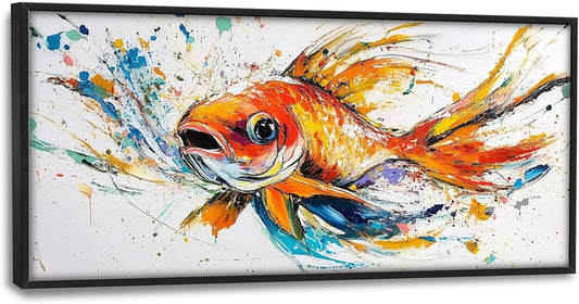 Framed Large Fish Wall Art for Living Room, Oversized Graffiti Goldfish Wall Decor Watercolor Fishing Canvas Painting Modern Artwork Home Decoration for Living Room Bedroom Office 60"x30"