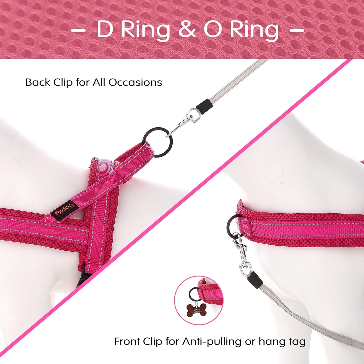 Didog No Pull Dog Harness with Soft Mesh Padded,Reflective & Quick Fit Light Weight Dog Strap Vest Harness,Easy for Walking Training (M:Chest 21-26", Mesh-Hot Pink)