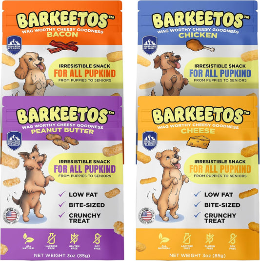 Barkeetos Dog Treats Variety Pack – Peanut Butter, Bacon, Cheese & Chicken – Crunchy Cheesy Snacks with Real Himalayan Cheese – Grain Free, Gluten Free, Lactose Free – for All Breeds - 4 Pack
