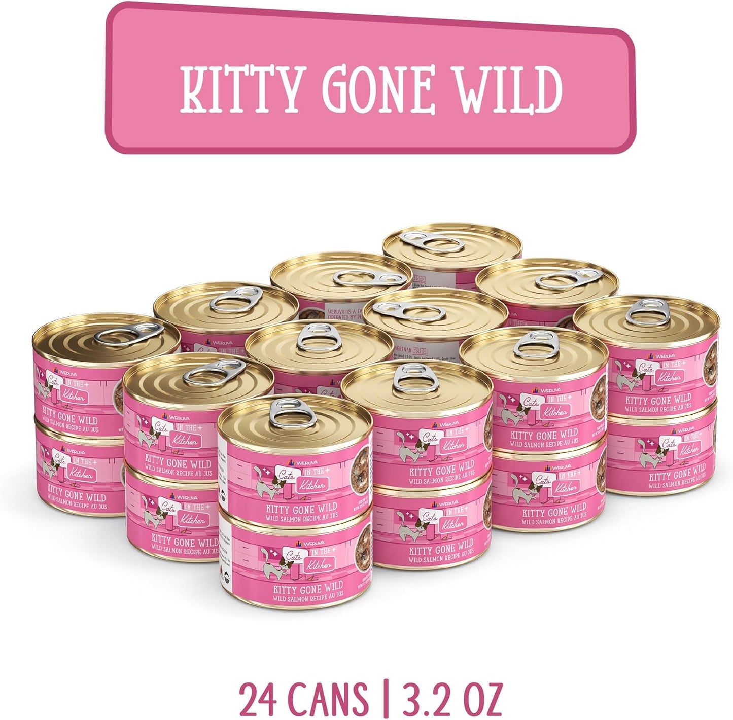 Weruva Cats in The Kitchen, Kitty Gone Wild with Wild Salmon Au Jus Cat Food, 3.2oz Can (Pack of 24)